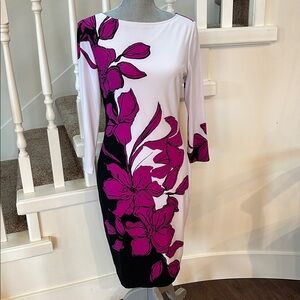 Joseph Ribkoff Black and White with Purple Flowers Dress Size 8